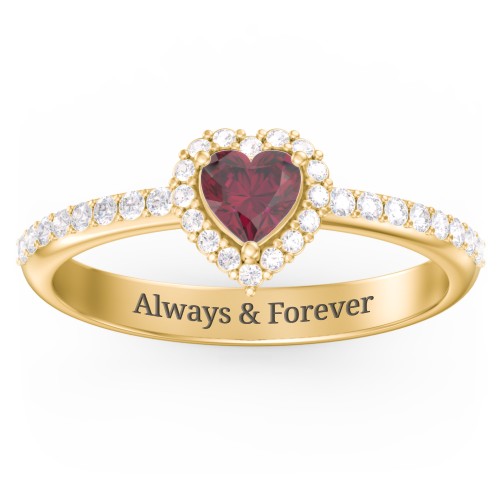 Halo Heart Ring with Accented Band – 18K Gold Plated Silver with Ruby and White Premium Zirconia
