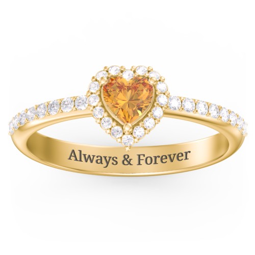 Halo Heart Ring with Accented Band – 18K Gold Plated Silver with Citrine and White Premium Zirconia