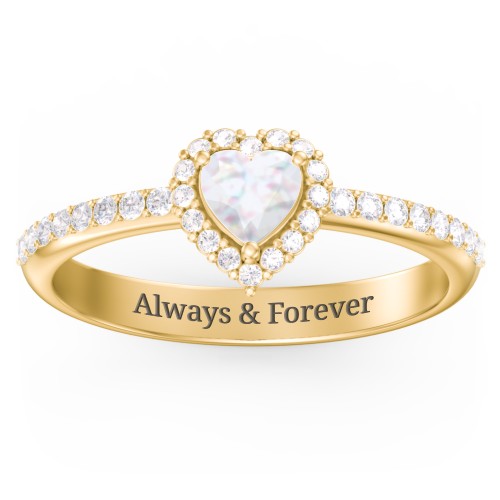 Halo Heart Ring with Accented Band – 18K Gold Plated Silver with Opal and White Premium Zirconia