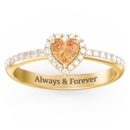 Halo Heart Ring with Accented Band – 18K Gold Plated Silver with Citrine and White Premium Zirconia