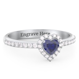 Halo Heart Ring with Accented Band in 925 Sterling Silver with Blue Sapphire and White Premium Zirconia