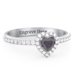 Halo Heart Ring with Accented Band in 925 Sterling Silver with Alexandrite and White Premium Zirconia