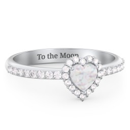 Halo Heart Ring with Accented Band in 925 Sterling Silver with Opal and White Premium Zirconia