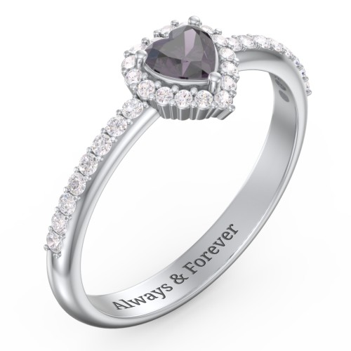 Halo Heart Ring with Accented Band – Sterling Silver with Alexandrite and White Premium Zirconia