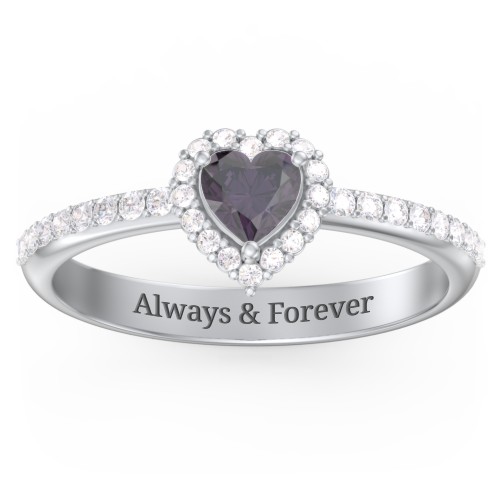 Halo Heart Ring with Accented Band – Sterling Silver with Alexandrite and White Premium Zirconia