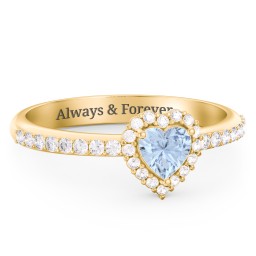 Halo Heart Ring with Accented Band in 10K Solid Yellow Gold with Aquamarine and White Premium Zirconia