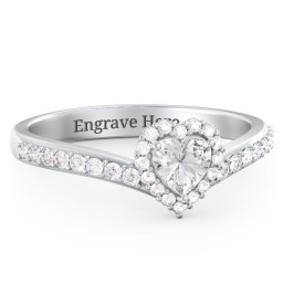 V-Shaped Halo Heart Ring with Accented Band