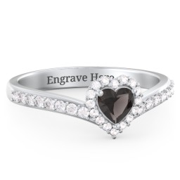 V-Shaped Halo Heart Ring with Accented Band