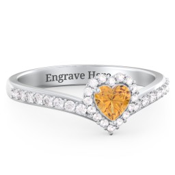 V-Shaped Halo Heart Ring with Accented Band