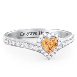 V-Shaped Halo Heart Ring with Accented Band