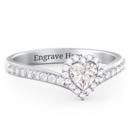 V-Shaped Halo Heart Ring with Accented Band in 925 Sterling Silver with Cubic Zirconia and White Premium Zirconia