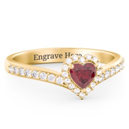 V-Shaped Halo Heart Ring with Accented Band in 18K Gold Plated Silver with Ruby and White Premium Zirconia
