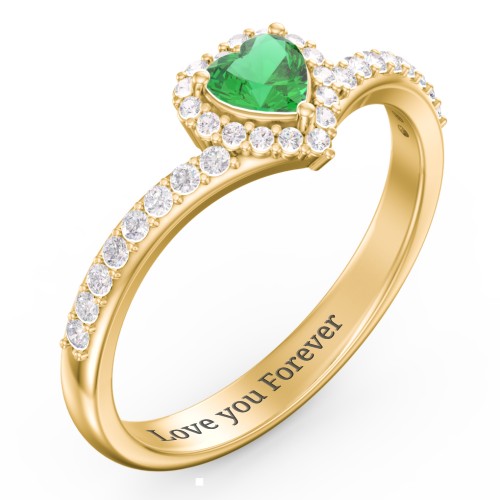 V-Shaped Halo Heart Ring with Accented Band – 18K Gold Plated Silver with Emerald and White Premium Zirconia