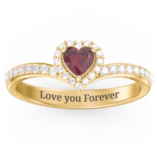 V-Shaped Halo Heart Ring with Accented Band – 18K Gold Plated Silver with Ruby and White Premium Zirconia