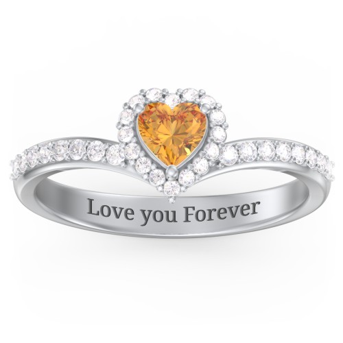 V-Shaped Halo Heart Ring with Accented Band
