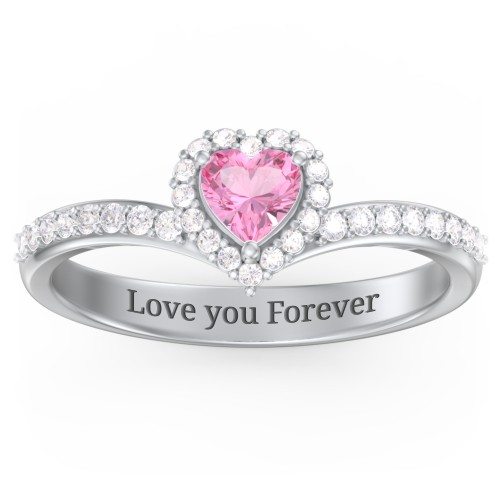 V-Shaped Halo Heart Ring with Accented Band