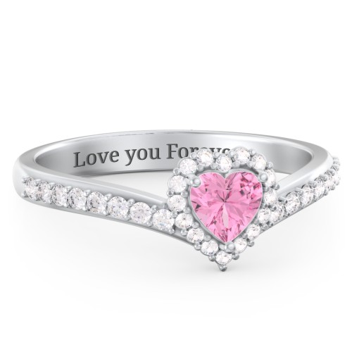 V-Shaped Halo Heart Ring with Accented Band
