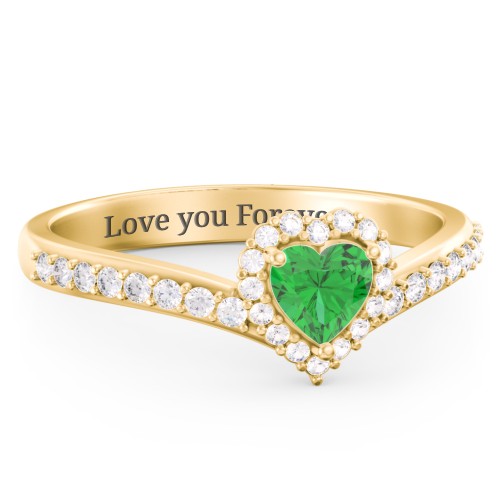 V-Shaped Halo Heart Ring with Accented Band – 18K Gold Plated Silver with Emerald and White Premium Zirconia