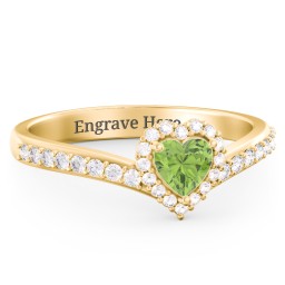 V-Shaped Halo Heart Ring with Accented Band in 18K Gold Plated Silver with Peridot and White Premium Zirconia