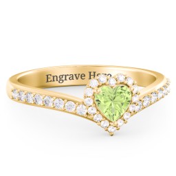 V-Shaped Halo Heart Ring with Accented Band in 18K Gold Plated Silver with Peridot and White Premium Zirconia