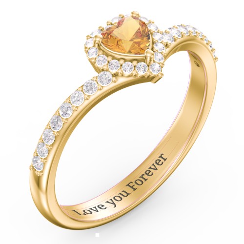 V-Shaped Halo Heart Ring with Accented Band – 18K Gold Plated Silver with Citrine and White Premium Zirconia