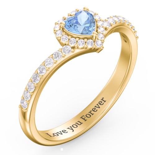 V-Shaped Halo Heart Ring with Accented Band – 18K Gold Plated Silver with Blue Topaz and White Premium Zirconia