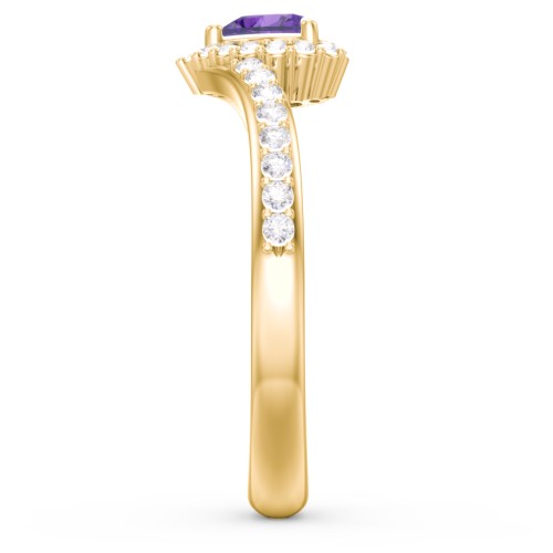 V-Shaped Halo Heart Ring with Accented Band – 18K Gold Plated Silver with Amethyst and White Premium Zirconia