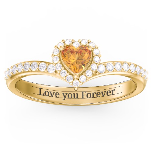 V-Shaped Halo Heart Ring with Accented Band – 18K Gold Plated Silver with Citrine and White Premium Zirconia