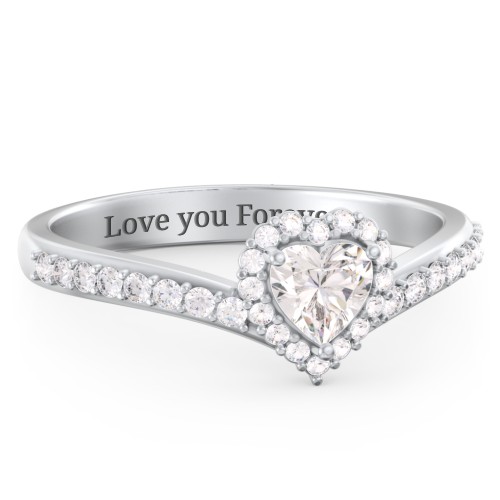 V-Shaped Halo Heart Ring with Accented Band – Sterling Silver with Cubic Zirconia and White Premium Zirconia