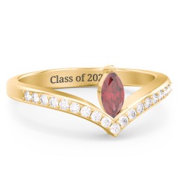 Marquise Birthstone V-Shape Ring With Accents in 18K Gold Plated Silver with Red Premium Zirconia and White Premium Zirconia