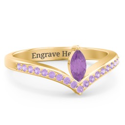 Marquise Birthstone V-Shape Ring With Accents in 18K Gold Plated Silver with Amethyst and Amethyst Premium Zirconia