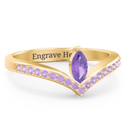 Marquise Birthstone V-Shape Ring With Accents in 18K Gold Plated Silver with Amethyst and Amethyst Premium Zirconia