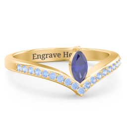 Marquise Birthstone V-Shape Ring With Accents in 18K Gold Plated Silver with Blue Sapphire and Fancy Blue Premium Zirconia