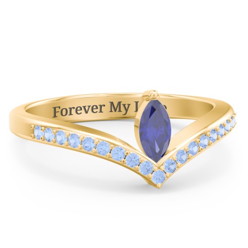 Marquise Birthstone V-Shape Ring With Accents – 18K Gold Plated Silver with Blue Sapphire and Fancy Blue Premium Zirconia