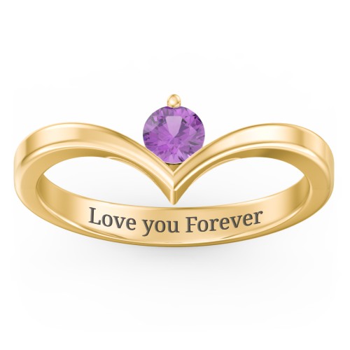 Round Birthstone V-Shape Ring – 18K Gold Plated Silver with Amethyst