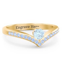 Round Birthstone V-Shape Ring With Accents in 18K Gold Plated Silver with Aquamarine and Fancy Blue Premium Zirconia