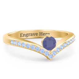 Round Birthstone V-Shape Ring With Accents in 18K Gold Plated Silver with Blue Sapphire and Fancy Blue Premium Zirconia