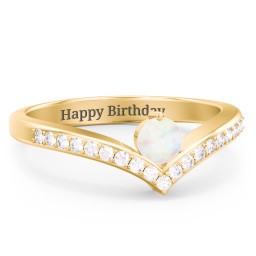 Round Birthstone V-Shape Ring With Accents in 18K Gold Plated Silver with Opal and White Premium Zirconia