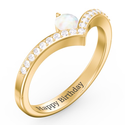 Round Birthstone V-Shape Ring With Accents – 18K Gold Plated Silver with Opal and White Premium Zirconia