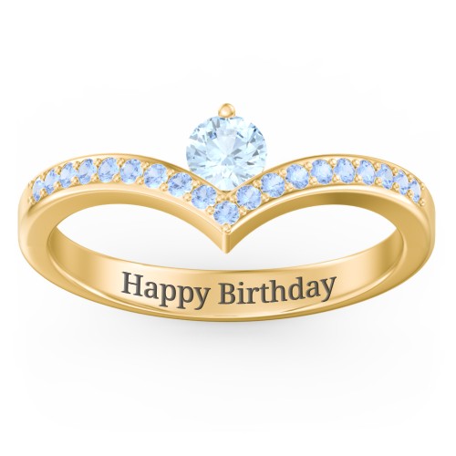 Round Birthstone V-Shape Ring With Accents – 18K Gold Plated Silver with Aquamarine and Fancy Blue Premium Zirconia