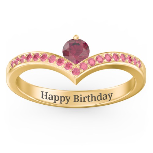 Round Birthstone V-Shape Ring With Accents – 18K Gold Plated Silver with Ruby and Red Premium Zirconia