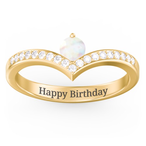 Round Birthstone V-Shape Ring With Accents – 18K Gold Plated Silver with Opal and White Premium Zirconia