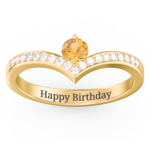 Round Birthstone V-Shape Ring With Accents – 18K Gold Plated Silver with Citrine and White Premium Zirconia