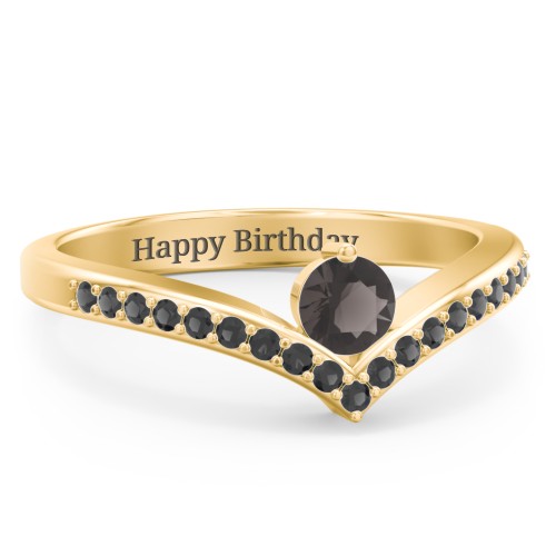Round Birthstone V-Shape Ring With Accents – 18K Gold Plated Silver with Smokey Quartz and Black Premium Zirconia