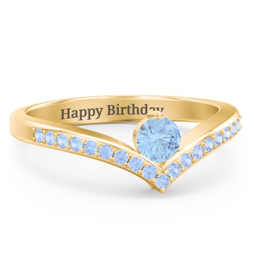 Round Birthstone V-Shape Ring With Accents – 18K Gold Plated Silver with Blue Topaz and Fancy Blue Premium Zirconia