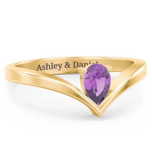 Pear Birthstone V-Shape Ring – 18K Gold Plated Silver with Amethyst