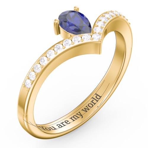 Pear Birthstone V-Shape Ring With Accents – 18K Gold Plated Silver with Blue Sapphire and White Premium Zirconia