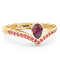 Pear Birthstone V-Shape Ring With Accents in 18K Gold Plated Silver with Ruby and Red Premium Zirconia