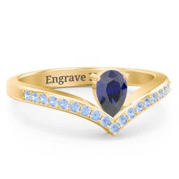 Pear Birthstone V-Shape Ring With Accents in 18K Gold Plated Silver with Blue Sapphire and Fancy Blue Premium Zirconia