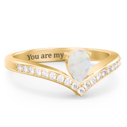 Pear Birthstone V-Shape Ring With Accents in 18K Gold Plated Silver with Opal and White Premium Zirconia